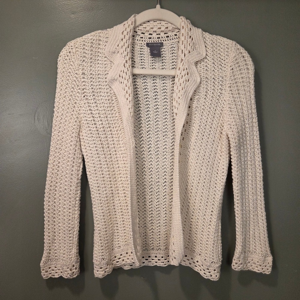 Ann Taylor Crochet Blazer Style Cardigan‎ 3/4 Sleeves Size S Cream 100% Cotton